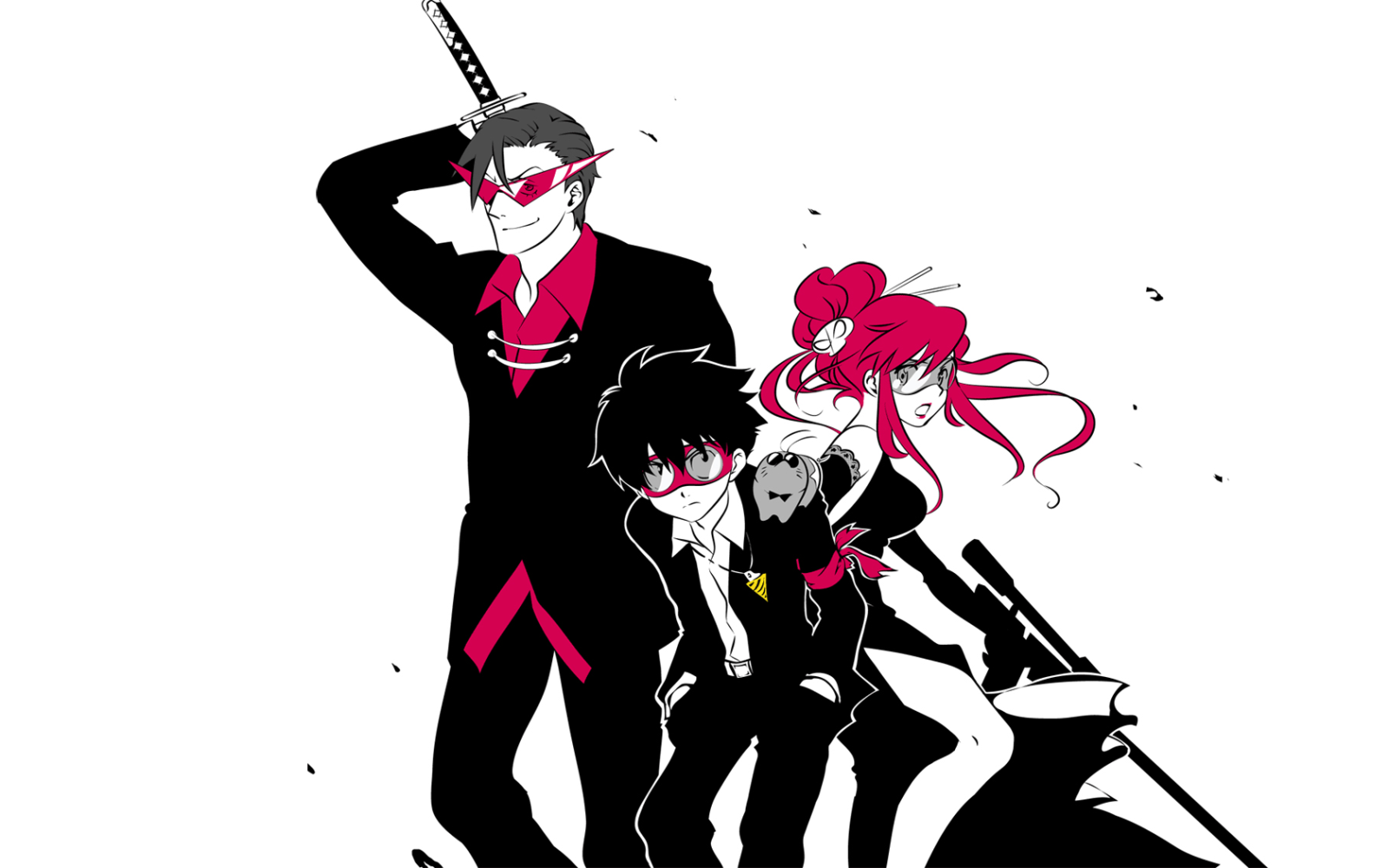 hayami sukaruchinofu, boota (ttgl), kamina (ttgl), simon (ttgl), yoko littner, tengen toppa gurren lagann, bad id, bad pixiv id, highres, 00s, 1girl, 2boys, anti-materiel rifle, core drill, drill, formal clothes, glasses, goggles, gun, kamina shades, multiple boys, red hair, rifle, sniper rifle, suit, sword, triangular eyewear, weapon