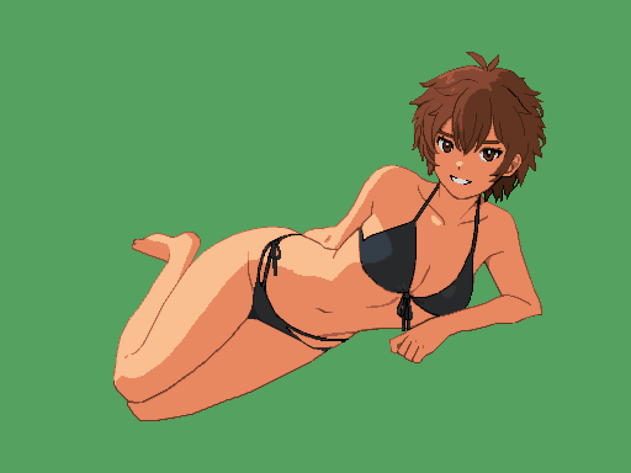 picopico256, kei sakuragi, the scramble vice, commentary request, highres, 1girl, arm support, bikini, black bikini, breasts, brown hair, collarbone, front-tie bikini top, front-tie top, full body, green background, halterneck, looking at viewer, lying, messy hair, navel, on side, pixel art, short hair, side-tie bikini bottom, simple background, smile, solo, swimsuit