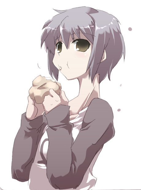 tokyo (great akuta), nagato yuki, suzumiya haruhi no yuuutsu, 00s, 1girl, eating, female focus, food, hair bun, raglan sleeves, short hair, simple background, solo, steamed bun, upper body, white background