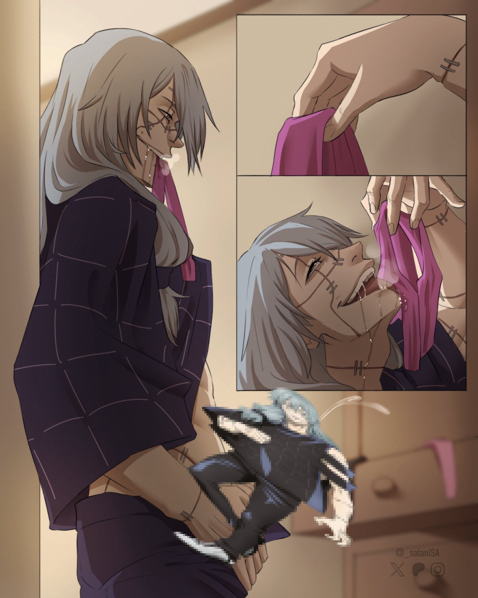 mahito (jujutsu kaisen), jujutsu kaisen, 1boy, satanisa, blue hair, drooling, grin, heterochromia, masturbation, pale skin, panties, smile, solo, stitches, underwear