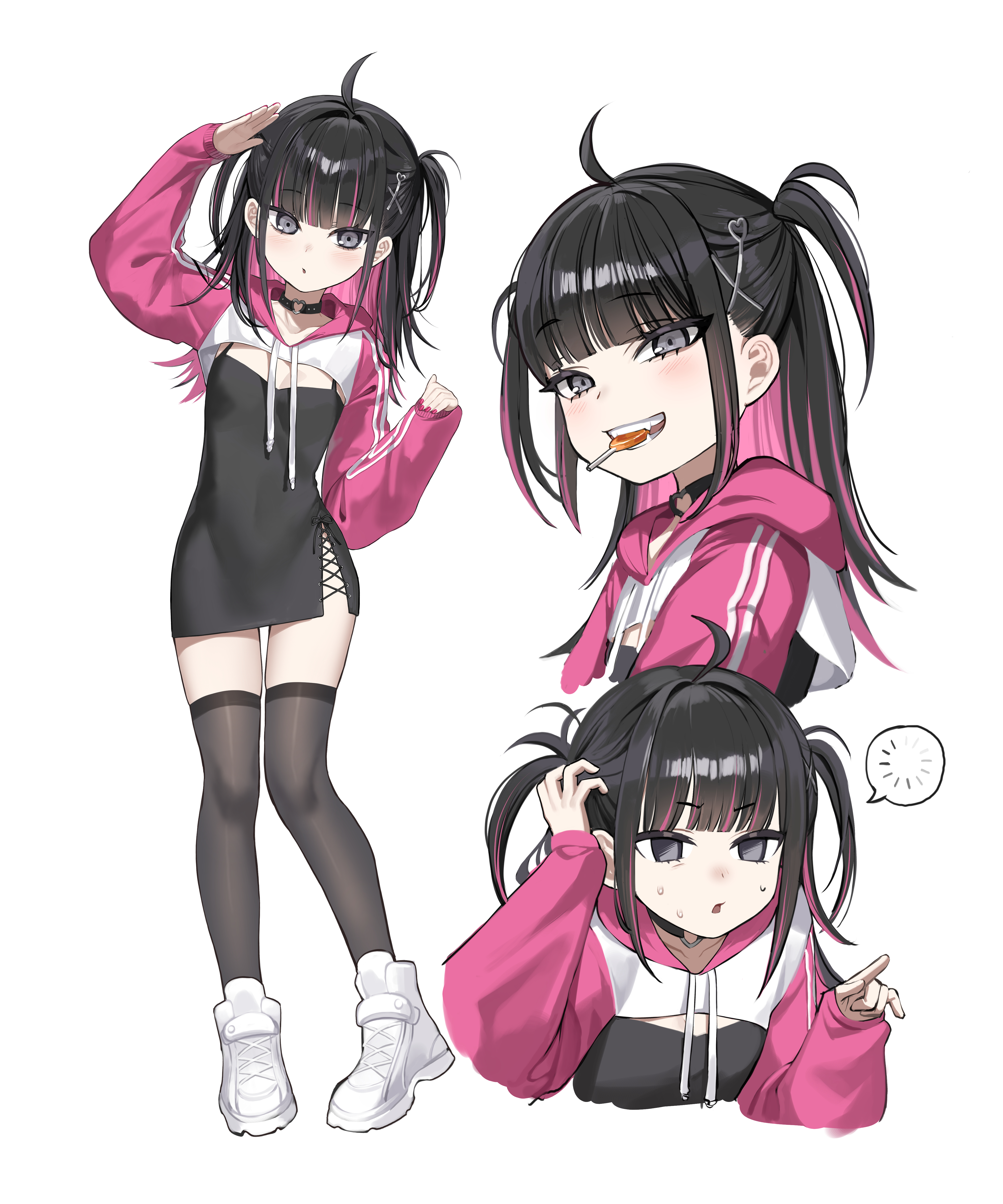 ddungddang, original, absurdres, commentary request, highres, korean commentary, 1girl, ahoge, black choker, black dress, black hair, black thighhighs, blunt bangs, choker, cropped hoodie, cropped torso, dress, full body, heart, heart choker, hood, hood down, hoodie, loading icon, lollipop in mouth, long hair, long sleeves, looking at viewer, multicolored hair, multiple views, open mouth, pink hoodie, pink streaks, shoes, simple background, standing, streaked hair, thighhighs, two side up, white background, white shoes