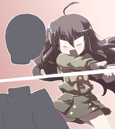 tokyo (great akuta), shana, bokusatsu tenshi dokuro-chan, shakugan no shana, black hair, decapitation, parody, severed head, solo, surprised
