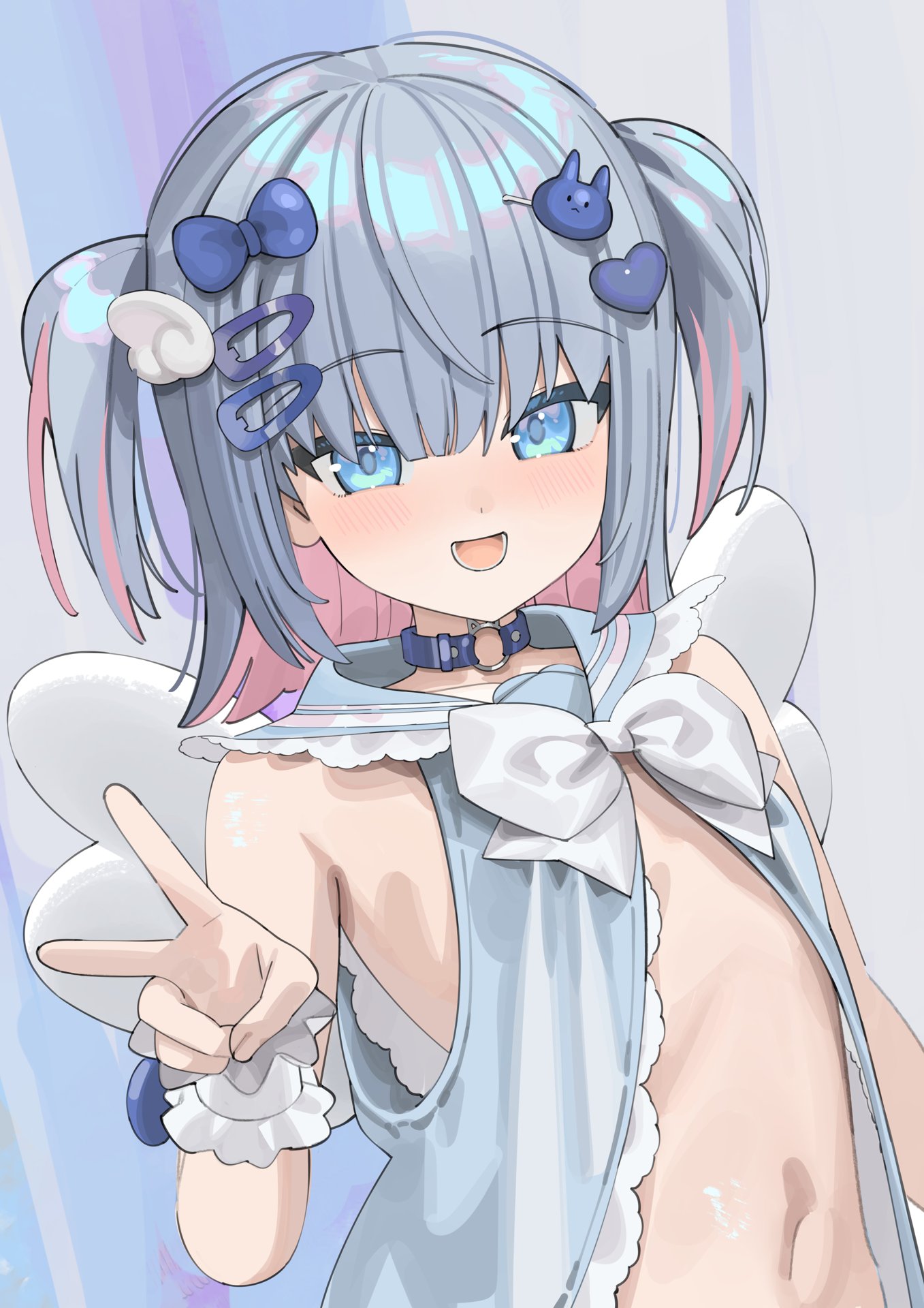 koyo2023, kanzarin (vtuber), indie virtual youtuber, commentary request, highres, 1girl, :d, blue bow, blue choker, blue eyes, blue hair, blue shirt, bow, bowtie, breasts, choker, collared shirt, colored inner hair, hair bow, hair ornament, heart, heart hair ornament, looking at viewer, medium hair, multicolored hair, navel, o-ring, o-ring choker, open clothes, open mouth, open shirt, pink hair, rabbit hair ornament, shirt, sleeveless, sleeveless shirt, small breasts, smile, solo, stomach, streaked hair, two-tone hair, two side up, v, virtual youtuber, white bow, white bowtie, white wings, white wrist cuffs, wing hair ornament, wings, wrist cuffs