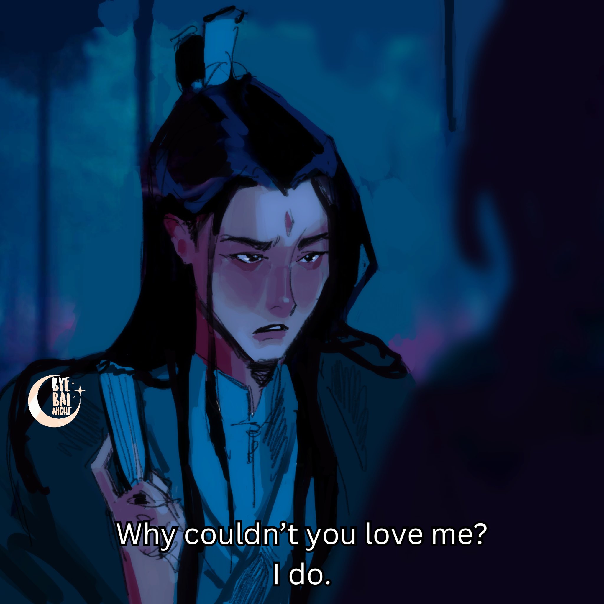 luo binghe, shen qingqiu, kpop demon hunters, renzha fanpai zijiu xitong, highres, 1boy, artist logo, bindi, biting own lip, black hair, blush, byebainight, chinese clothes, crescent, curtained hair, english text, facial mark, folded fan, folding fan, forehead mark, furrowed brow, green hanfu, hair bun, half updo, hand fan, hanfu, holding, holding fan, logo, long hair, male focus, night, nose blush, out of frame, parted bangs, scene reference, shadow, silhouette, single hair bun, sparkle, straight hair, v-shaped eyebrows, widow's peak, xiao guan (headdress)