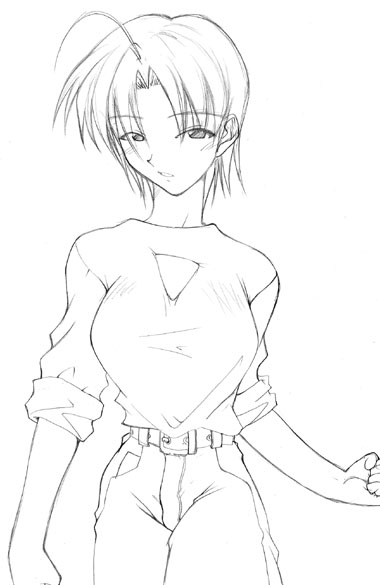konno mitsune, love hina, denim, jeans, monochrome, pants, short hair