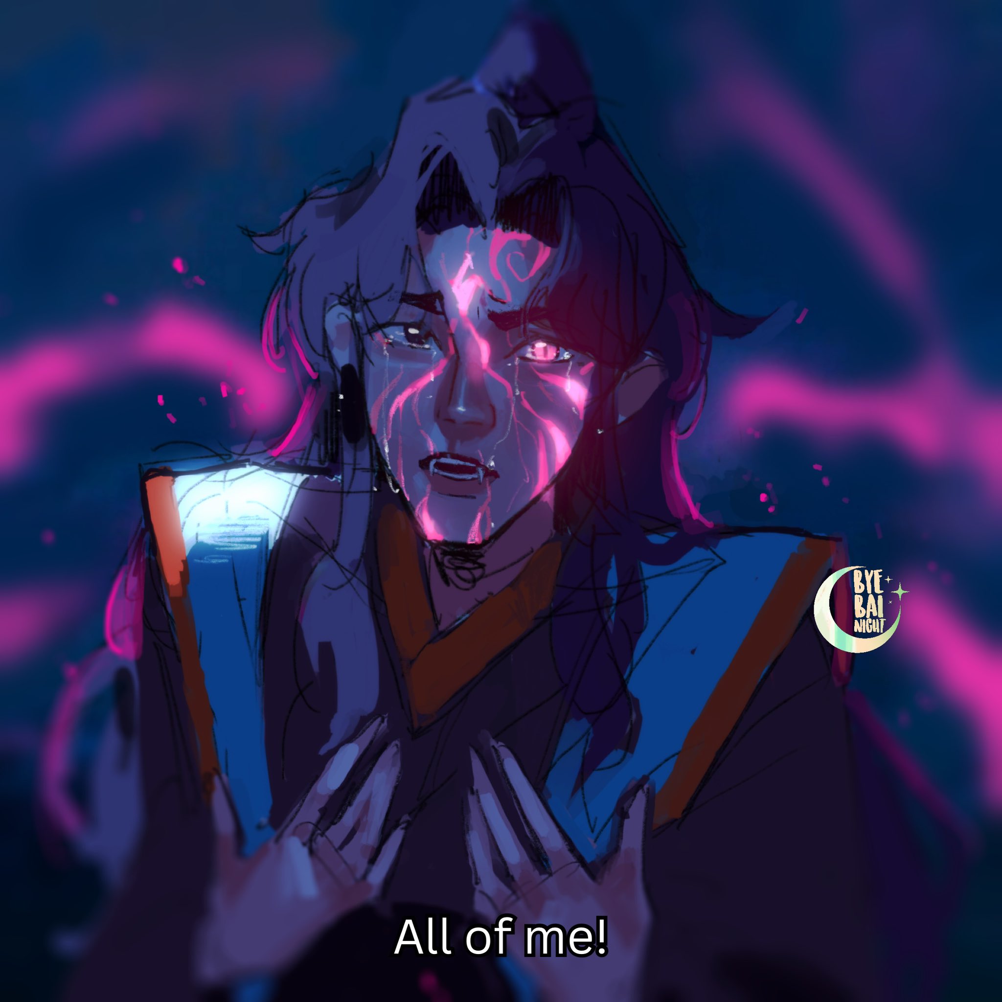 luo binghe, kpop demon hunters, renzha fanpai zijiu xitong, commentary, english commentary, highres, 1boy, artist logo, black hair, black hanfu, byebainight, chinese clothes, crescent, crying, curtained hair, dark, english text, facial mark, fangs, from above, furrowed brow, glowing, glowing eye, glowing tattoo, hands on own chest, hanfu, logo, long hair, long sleeves, looking at viewer, looking up, male focus, night, open mouth, parted hair, pink eyes, ponytail, portrait, raised eyebrows, scene reference, sidelocks, solo, sparkle, tattoo, tears, wavy hair