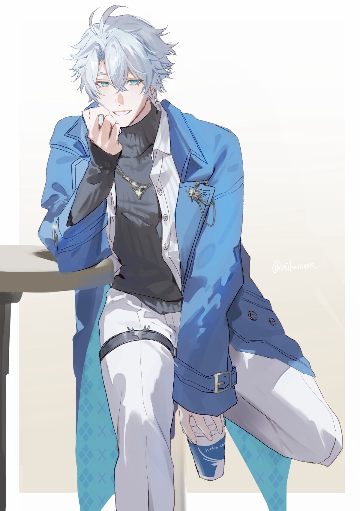 mikuroron, phainon (honkai: star rail), honkai: star rail, honkai (series), highres, 1boy, antenna hair, black sweater, blue coat, blue eyes, coat, crossed bangs, cup, disposable cup, grey hair, grin, hair between eyes, head rest, holding, holding cup, jewelry, looking at viewer, male focus, necklace, official alternate costume, open clothes, open coat, open shirt, pants, parted bangs, phainon (luckin coffee) (honkai: star rail), shirt, short hair, sitting, smile, solo, sweater, table, teeth, turtleneck, turtleneck sweater, white pants, white shirt, yellow pupils