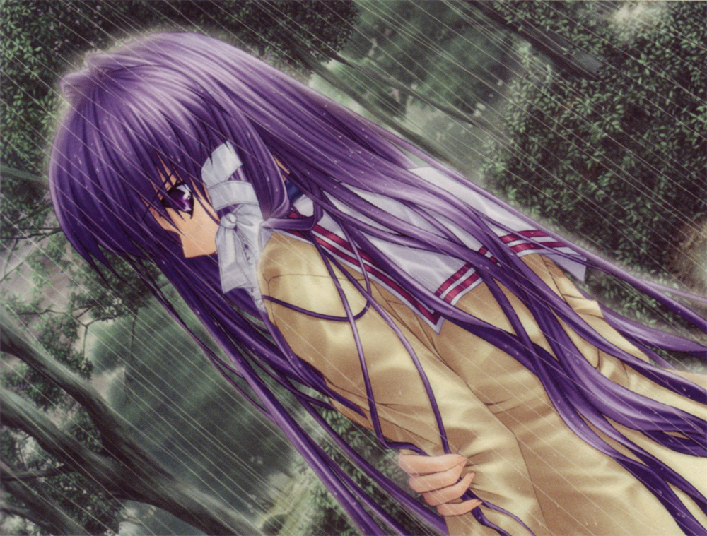 hinoue itaru, fujibayashi kyou, clannad, arm grab, game cg, 00s, 1girl, dutch angle, female focus, long hair, purple eyes, purple hair, rain, school uniform, serafuku, solo, tree, very long hair