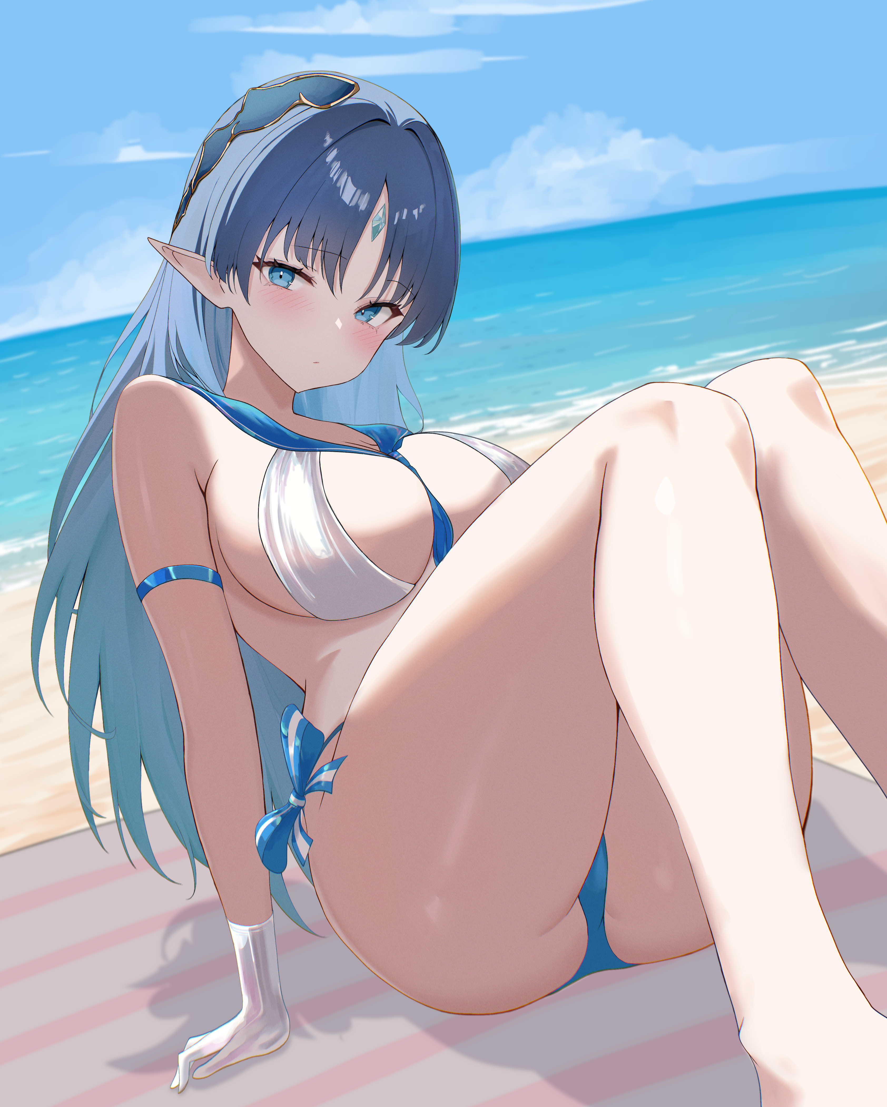 eikawa suru, aegis kalar, rance (series), absurdres, commission, commissioner upload, highres, non-web source, skeb commission, 1girl, armband, beach, bikini, blue armband, blue eyes, blue hair, breasts, closed mouth, day, feet out of frame, forehead jewel, gloves, kalar (race), knees up, large breasts, long hair, looking at viewer, ocean, outdoors, pointy ears, ribbon, silver bikini, silver gloves, sitting, solo, swimsuit, thighs
