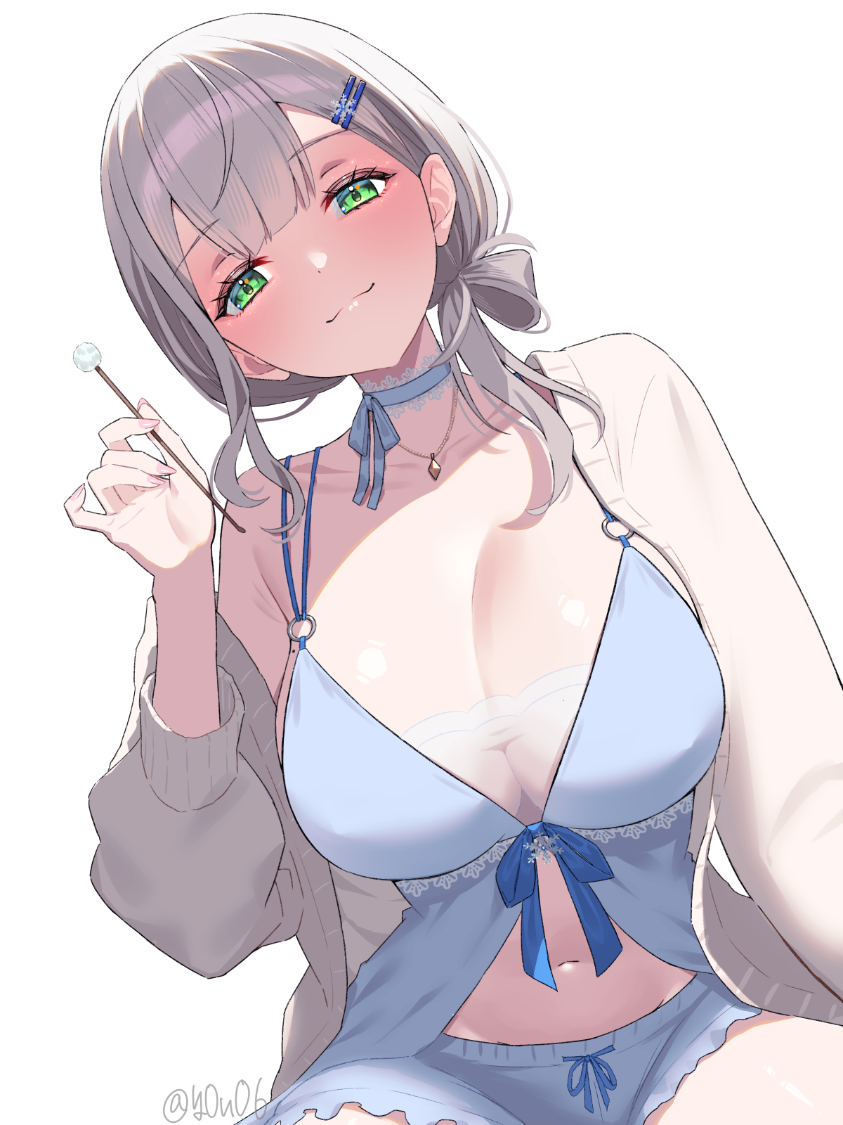 you06, shirogane noel, hololive, highres, 1girl, blue choker, blush, breasts, camisole, choker, cleavage, green eyes, grey hair, hair ornament, hairclip, holding, jacket, jewelry, large breasts, looking at viewer, navel, necklace, open clothes, open jacket, short shorts, shorts, simple background, smile, solo, white background