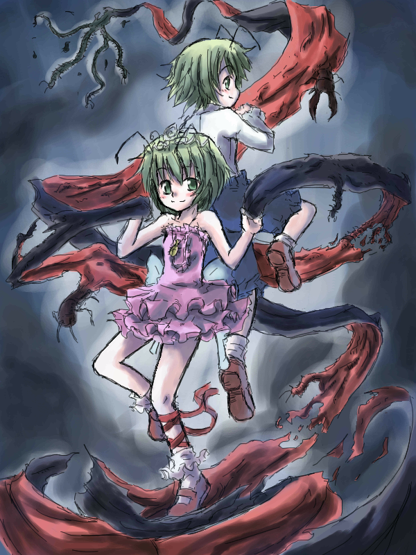 suichuu hanabi, princess wriggle, wriggle nightbug, touhou, 2girls, androgynous, antennae, cape, dress, dual persona, female focus, fusuma, green eyes, green hair, multiple girls, sliding doors, tomboy