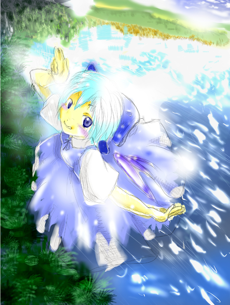 cirno, embodiment of scarlet devil, touhou, 1girl, blue dress, blue eyes, blue hair, day, dress, female focus, flying, full body, ice, ice wings, lake, looking at viewer, matching hair/eyes, outdoors, shore, smile, solo, water, wings