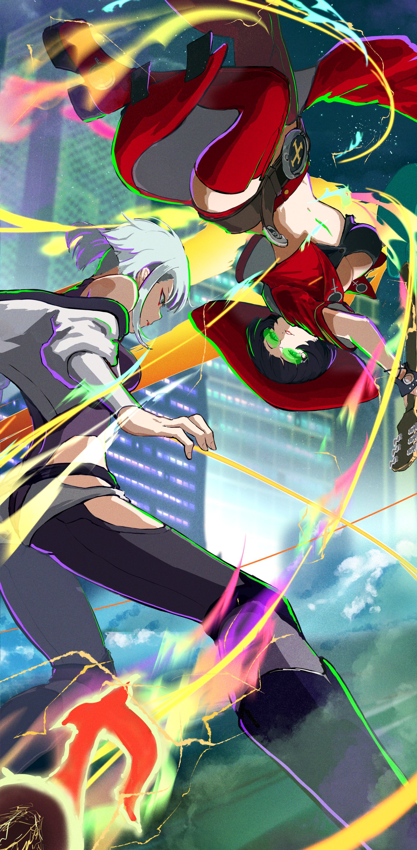 yuu (primenumber7), i-no, lucy (cyberpunk), cyberpunk: edgerunners, cyberpunk (series), guilty gear, guilty gear strive, absurdres, highres, 2girls, bare shoulders, belt, black hair, bob cut, boots, breasts, building, cleavage, cleavage cutout, clothing cutout, crossover, electric guitar, eyeliner, eyeshadow, gradient hair, green-tinted eyewear, guitar, hat, instrument, large breasts, looking at another, makeup, midriff, multicolored hair, multiple girls, musical note, navel, night, night sky, red eyeliner, red eyeshadow, red thighhighs, samurai jacket (cyberpunk), shaded face, sky, skyscraper, star (sky), sunglasses, thigh boots, thighhighs, tinted eyewear, witch hat