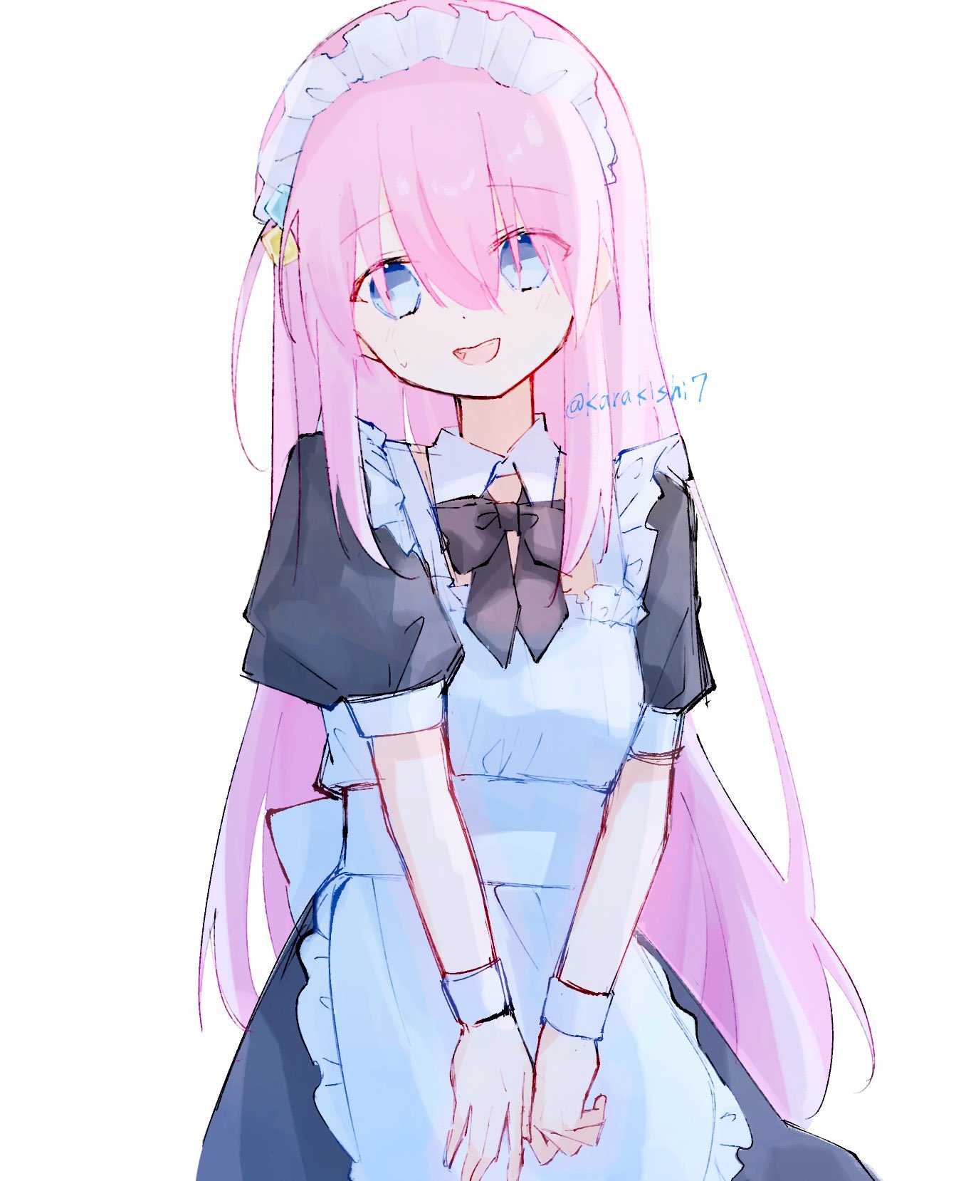 karakishi7, gotoh hitori, bocchi the rock!, commentary, highres, apron, black bow, black bowtie, black dress, blue hair, bow, bowtie, cube hair ornament, dress, frilled apron, frilled headwear, frills, hair ornament, hair over eyes, long hair, looking at viewer, maid, maid apron, open mouth, pink hair, puffy short sleeves, puffy sleeves, short sleeves, simple background, white apron, white background, white headdress
