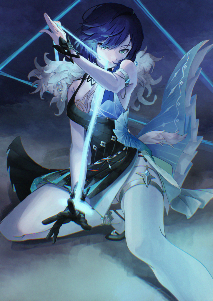 aiueonesan (umanaminoatama), yelan (genshin impact), yelan (tranquil banquet) (genshin impact), genshin impact, 1girl, armlet, black dress, black gloves, black shoes, blue dress, blue hair, bracelet, breasts, dress, feather boa, gloves, green eyes, jewelry, looking at viewer, multicolored dress, official alternate costume, shoes, short hair, single glove, solo, squatting, string, thighlet, wrist cuffs