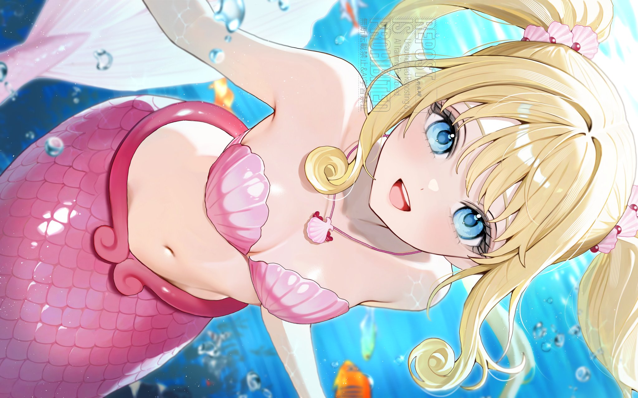 akadajohnson02, nanami lucia, nanami lucia (mermaid), mermaid melody pichi pichi pitch, highres, 1girl, bikini, blonde hair, blue eyes, blush, breasts, cleavage, fins, fish tail, hair ornament, jewelry, long hair, looking at viewer, medium breasts, mermaid, monster girl, navel, necklace, open mouth, shell, shell bikini, shell hair ornament, shell necklace, smile, solo, swimsuit, tail, twintails