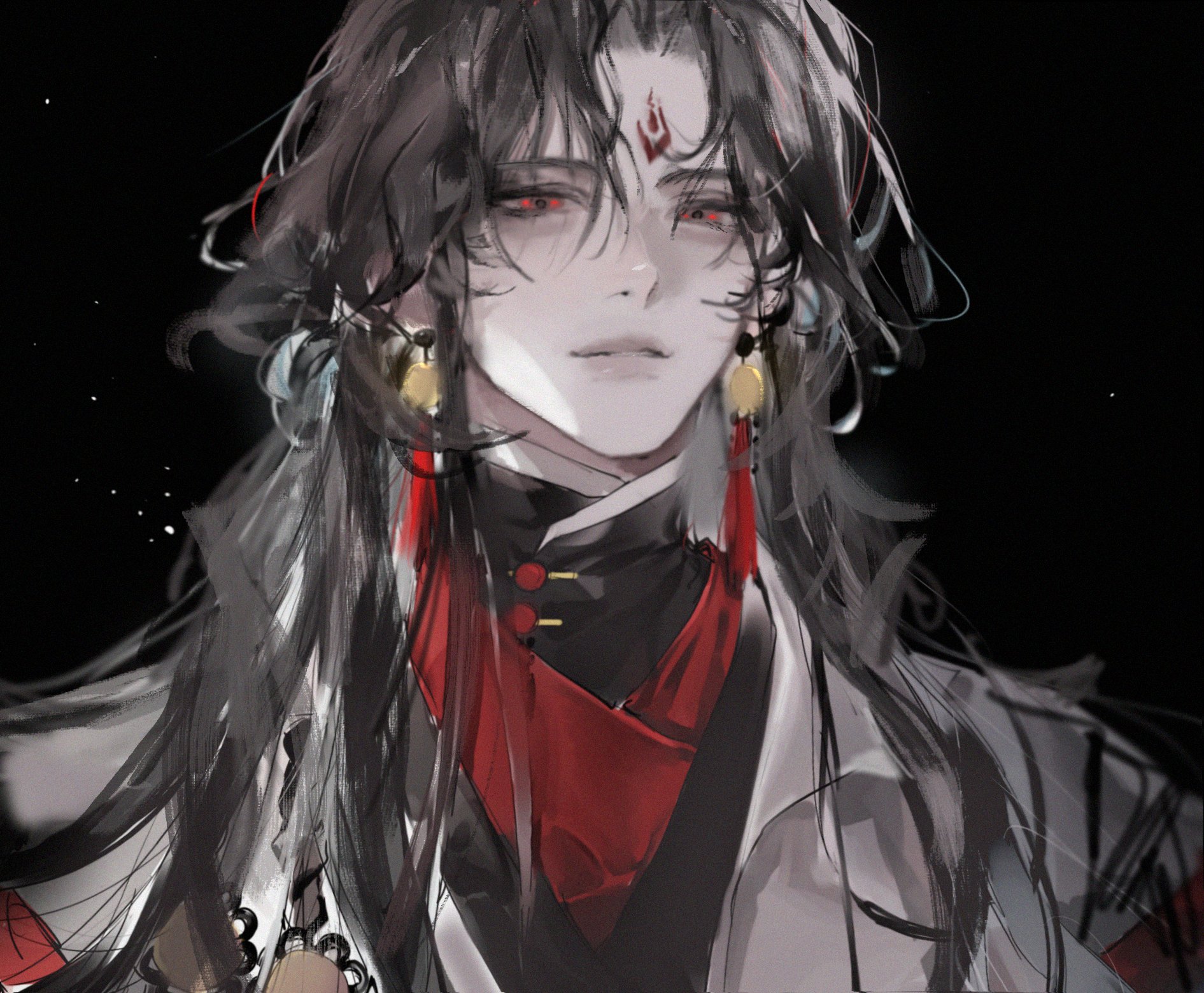 kkuekkue (chifer1958), luo binghe, zuiyin, renzha fanpai zijiu xitong, highres, 1boy, bishounen, black background, black hair, black hanfu, chinese clothes, curtained hair, earrings, facial mark, forehead mark, hanfu, high collar, jewelry, long hair, looking at viewer, male focus, pale skin, parted bangs, parted lips, red eyes, simple background, smile, solo, tassel, tassel earrings, wolf cut