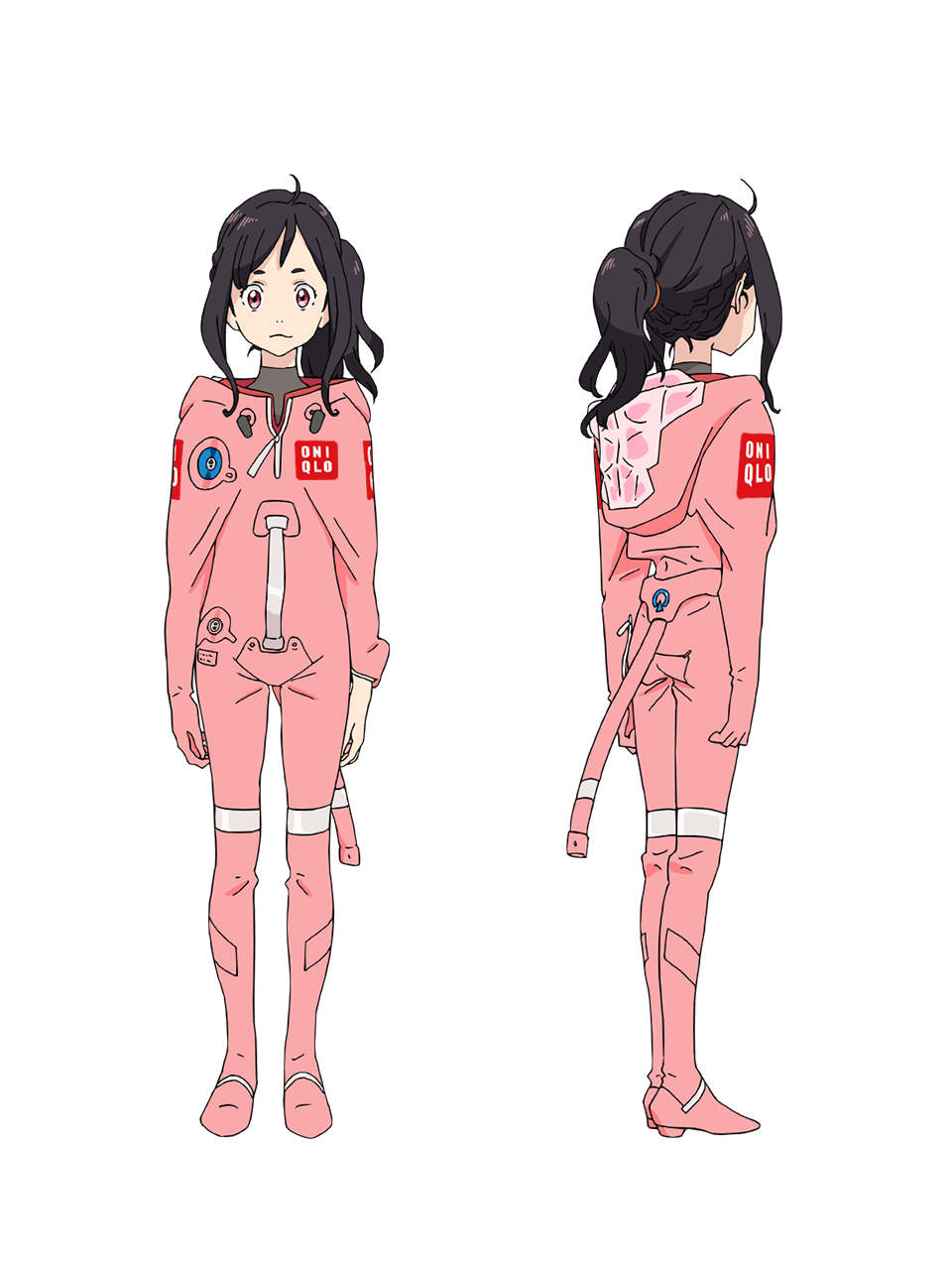 yoshida ken'ichi, chikyuugai shounen shoujo, highres, official art, 2girls, anime coloring, back, black hair, brown hair, closed mouth, collared shirt, from behind, full body, grey shirt, jumpsuit, long sleeves, looking at viewer, medium hair, misasa miina, multiple girls, multiple views, pink jumpsuit, ponytail, shirt, sidelocks, simple background, spacesuit, standing, thick eyebrows, transparent background