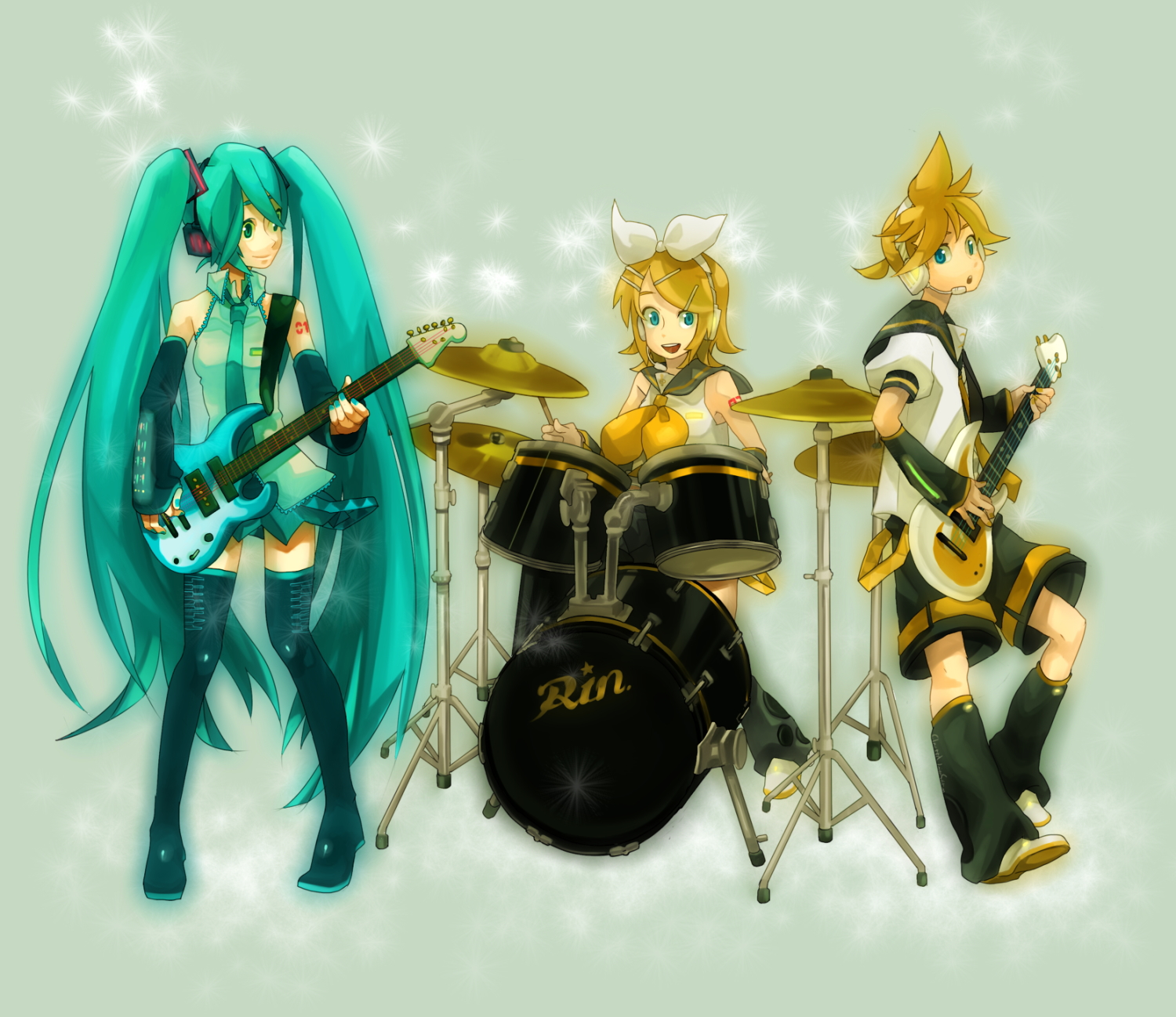 haruo (clownberry), hatsune miku, kagamine len, kagamine rin, vocaloid, highres, 1boy, 2girls, aqua hair, band (music), bass guitar, brother and sister, drum, drum set, guitar, instrument, long hair, multiple girls, sailor collar, siblings, thighhighs, twins, twintails, very long hair