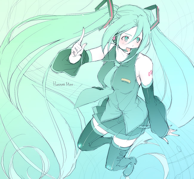 kyo (kuroichigo), hatsune miku, vocaloid, 1girl, female focus, gradient background, long hair, sketch, solo, thighhighs, twintails, very long hair