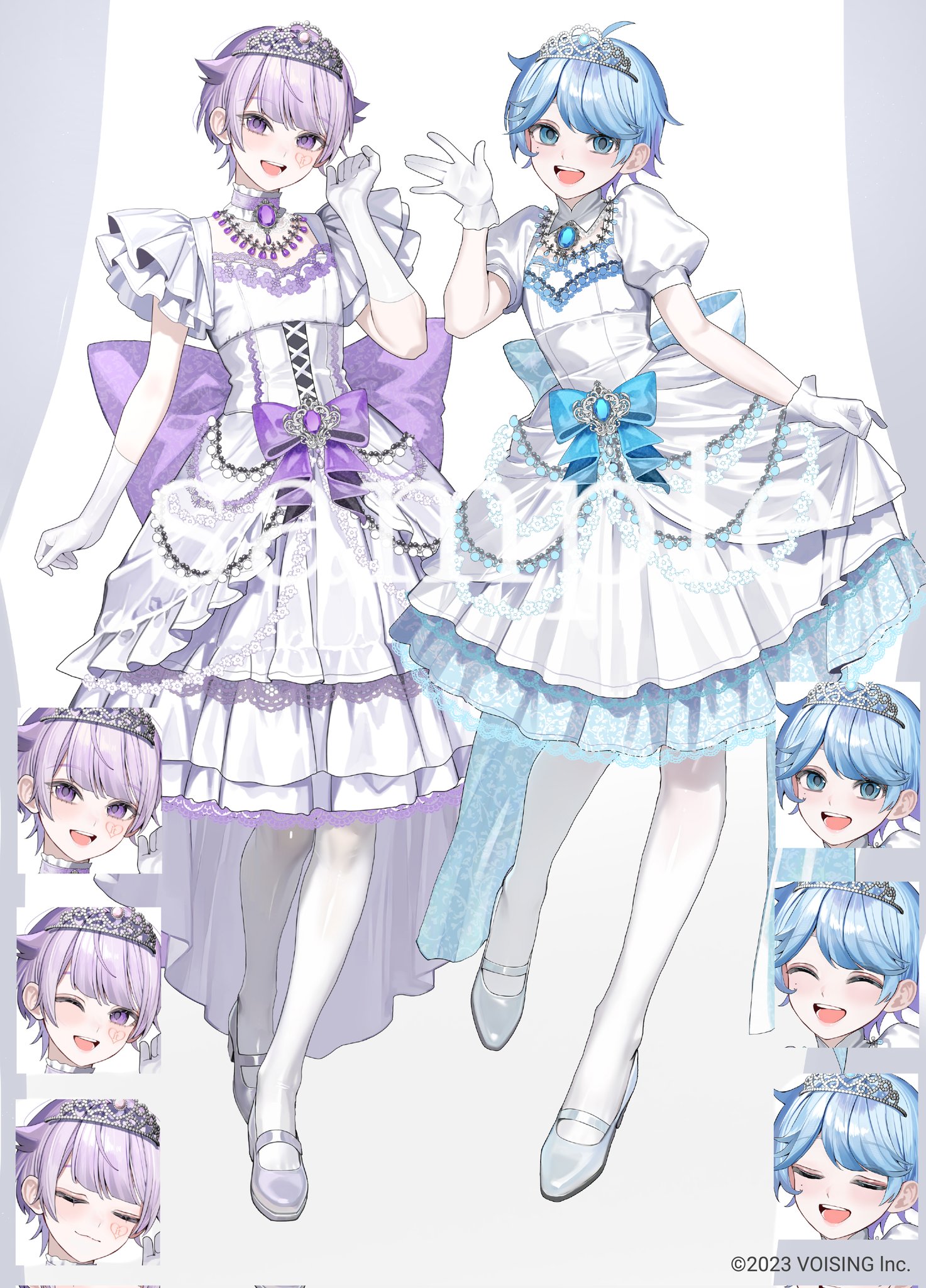 akadajohnson02, highres, 2boys, blue eyes, blue hair, blush, closed eyes, copyright notice, dress, full body, gloves, hand up, hotoke (ireisu), ireisu, looking at viewer, male focus, multiple boys, multiple expressions, one eye closed, open mouth, puffy short sleeves, puffy sleeves, purple eyes, purple hair, sho (ireisu), short hair, short sleeves, smile, thighhighs, utaite, white dress, white gloves, white thighhighs