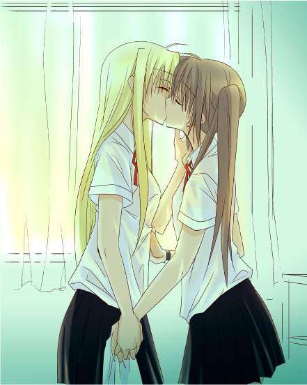 muraya yoshihisa, fate testarossa, takamachi nanoha, lyrical nanoha, mahou shoujo lyrical nanoha, mahou shoujo lyrical nanoha strikers, 00s, 2girls, blonde hair, couple, kiss, long hair, multiple girls, yuri