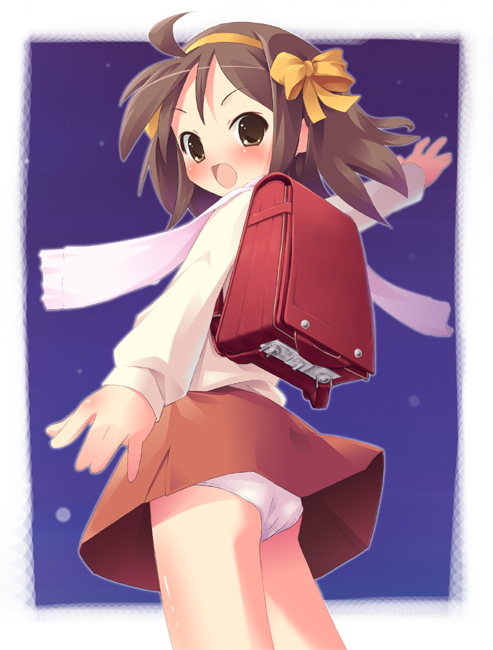 pu-en, suzumiya haruhi, suzumiya haruhi (young), suzumiya haruhi no yuuutsu, 00s, 1girl, aged down, ass, backpack, bag, blush, brown hair, cowboy shot, female focus, loli, medium hair, panties, pantyshot, randoseru, scarf, solo, standing, underwear, upskirt