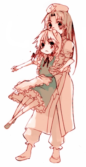takishima asaka, hong meiling, izayoi sakuya, embodiment of scarlet devil, touhou, 2girls, aged down, braid, carrying, child, dress, female focus, frown, hat, long hair, multiple girls, short hair, simple background, standing