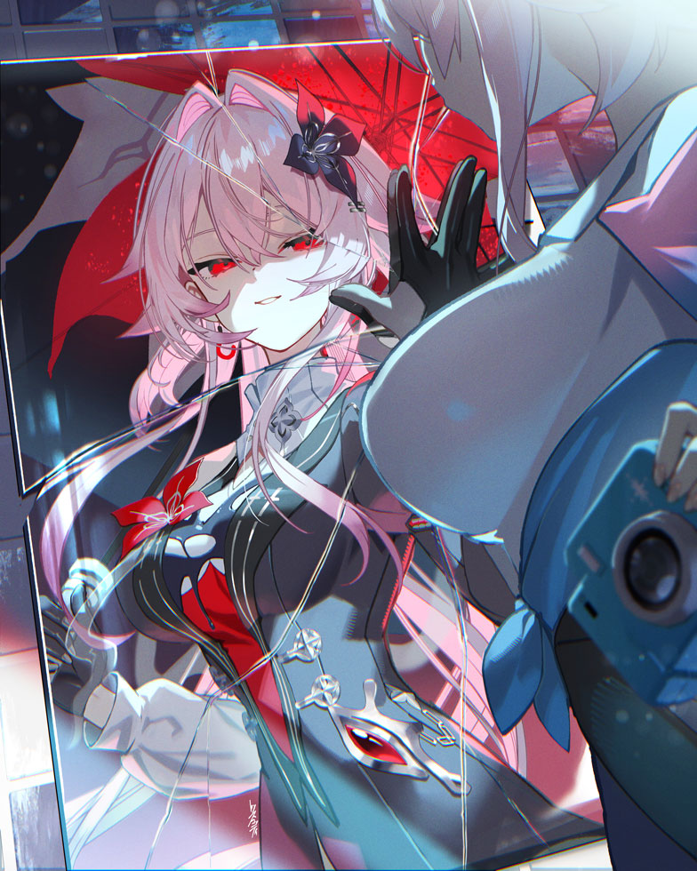 scottie (phantom2), evernight (honkai: star rail), march 7th (honkai: star rail), march 7th (preservation) (honkai: star rail), honkai: star rail, honkai (series), 2girls, black dress, black gloves, breasts, broken glass, camera, different reflection, dress, floating hair, glass, gloves, holding, holding camera, holding umbrella, long hair, long sleeves, multiple girls, official alternate costume, official alternate eye color, official alternate hair length, official alternate hairstyle, parted lips, partially fingerless gloves, pink hair, red eyes, reflection, smile, umbrella