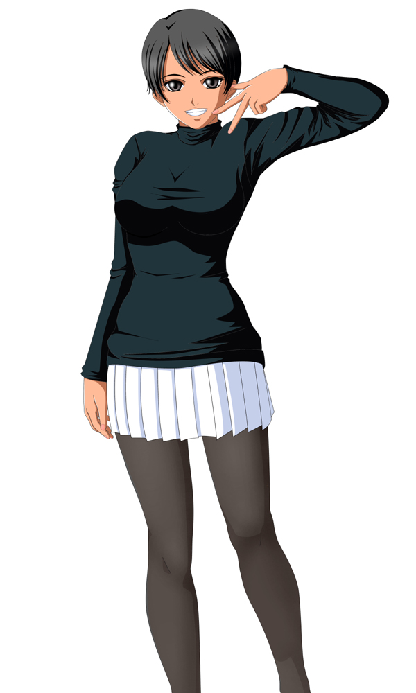 makidera kaede, fate/stay night, fate (series), 00s, black hair, black pantyhose, brown eyes, dark-skinned female, dark skin, pantyhose, short hair, skirt, solo, sweater, turtleneck