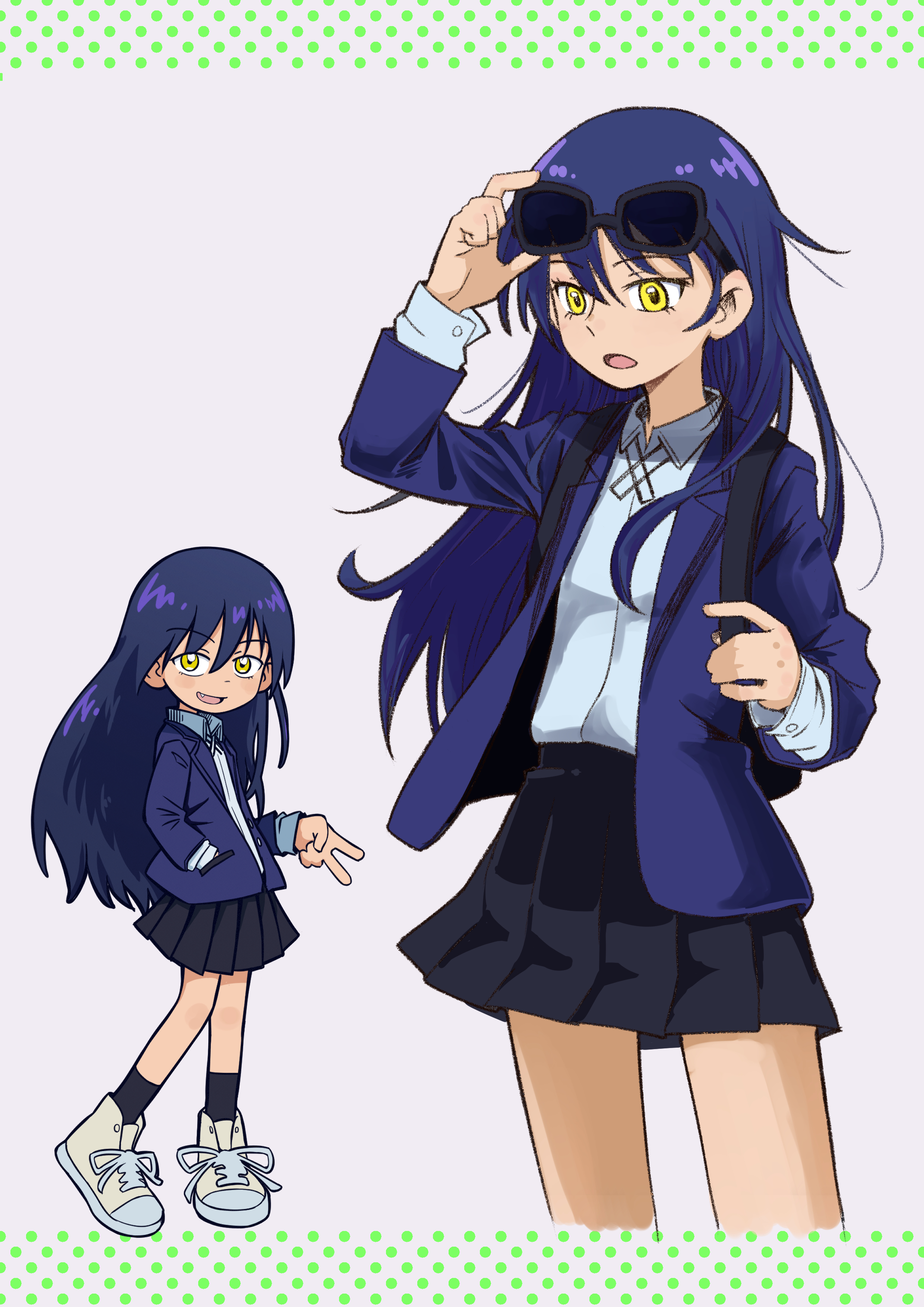 okai (pixiv6333), nyaan (gundam gquuuuuux), gundam, gundam gquuuuuux, absurdres, highres, 1girl, collared shirt, eyewear on head, jacket, long hair, multiple views, open mouth, purple hair, school uniform, shirt, skirt, smile, solo focus, sunglasses, v, white shirt, yellow eyes