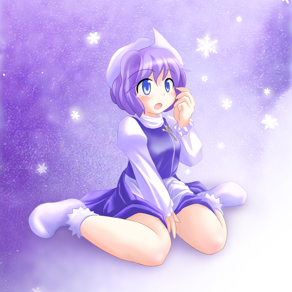 des (namaasi), letty whiterock, touhou, 1girl, blue eyes, female focus, hat, lapel pin, purple hair, short hair, snowflakes, solo