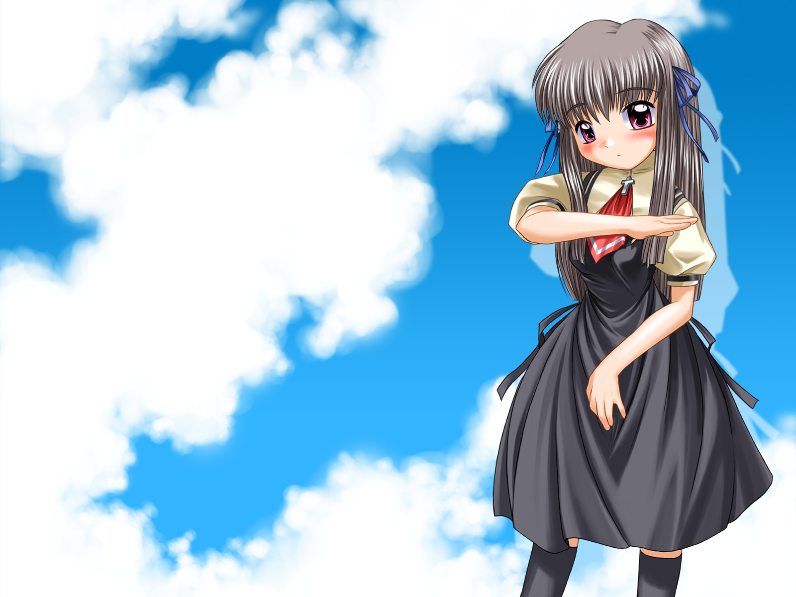 bosshi, toono minagi, air (visual novel), silver hair, highres, 00s, 1girl, black thighhighs, blush, cross, female focus, latin cross, looking at viewer, necktie, puffy short sleeves, puffy sleeves, purple eyes, red necktie, school uniform, serafuku, short sleeves, solo, thighhighs, zettai ryouiki