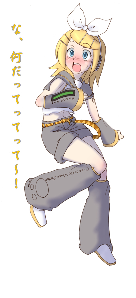 sasaki akira (ugc), kagamine rin, vocaloid, 1girl, belt, blonde hair, blue eyes, blush, bow, capelet, detached sleeves, english text, engrish text, female focus, full body, hair ornament, hairclip, headphones, leg up, leg warmers, midriff, navel, open mouth, ranguage, shirt, shoes, shorts, simple background, sleeveless, sleeveless shirt, solo, surprised, sweatdrop