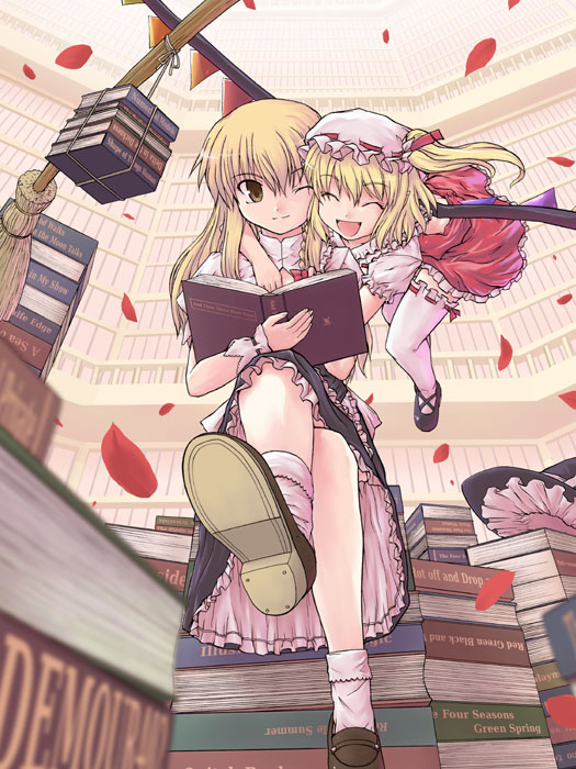 tsuyadashi shuuji, flandre scarlet, kirisame marisa, touhou, 2girls, blonde hair, book, broom, dress, female focus, hat, library, mob cap, multiple girls, side ponytail, thighhighs, voile, wings, witch, witch hat, yellow eyes