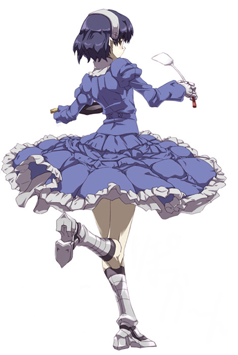 tokyo (great akuta), aiko (magipoka), renkin san-kyuu magical pokaan, 1girl, armor, armored boots, back, blue eyes, blue hair, blue shirt, blue skirt, blush, boots, dress, female focus, frilled skirt, frills, from behind, frying pan, full body, gauntlets, glasses, hairband, holding, juliet sleeves, long sleeves, matching hair/eyes, outstretched arms, pointy ears, puffy sleeves, shirt, short hair, simple background, skirt, solo, spatula, standing, standing on one leg, white background