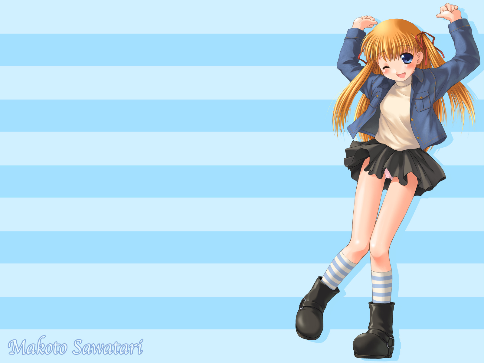 bosshi, sawatari makoto, kanon, highres, black boots, blue background, blue eyes, boots, character name, long hair, panties, pantyshot, socks, solo, striped clothes, striped socks, thigh gap, thighs, underwear