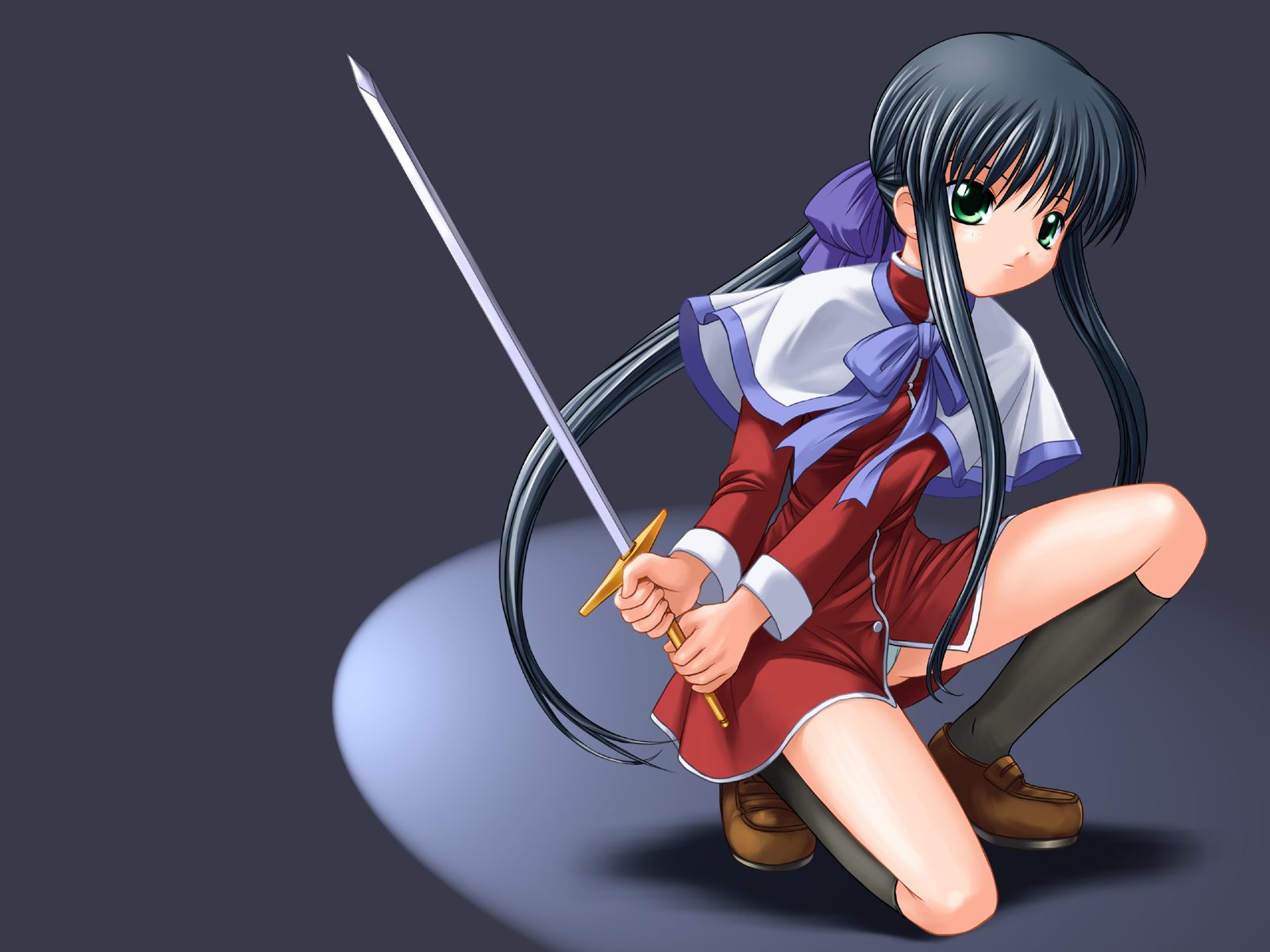 bosshi, kawasumi mai, kanon, highres, 1girl, black socks, brown shoes, female focus, full body, holding, holding sword, holding weapon, kneehighs, panties, ponytail, red skirt, school uniform, serafuku, shoes, skirt, socks, solo, sword, two-handed, underwear, weapon