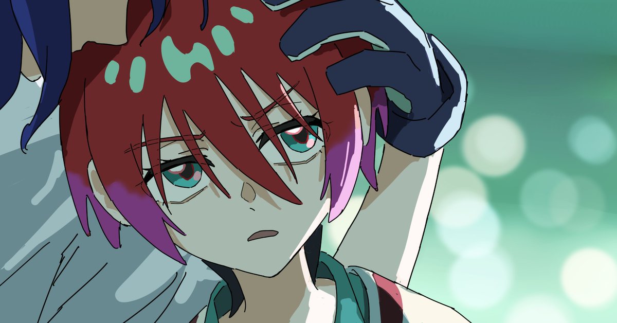 o6nuqm, amate yuzuriha, shuji ito, gundam, gundam gquuuuuux, 1boy, 1girl, aqua eyes, black hair, blue hair, close-up, gloves, multicolored hair, open mouth, red eyes, red hair, scene reference, shirt, short hair, smelling, smelling hair, two-tone hair, white shirt