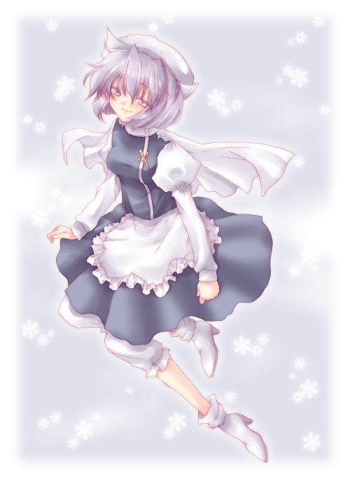 kokono coco, letty whiterock, touhou, light purple hair, 00s, 1girl, 2006, ankle boots, apron, bloomers, boots, brooch, dress, female focus, full body, hat, high heel boots, high heels, jewelry, juliet sleeves, lapel pin, long sleeves, puffy long sleeves, puffy sleeves, purple eyes, purple hair, scarf, shoes, short hair, simple background, smile, snowflakes, snowing, solo, underwear, waist apron, white bloomers, white boots, white hat