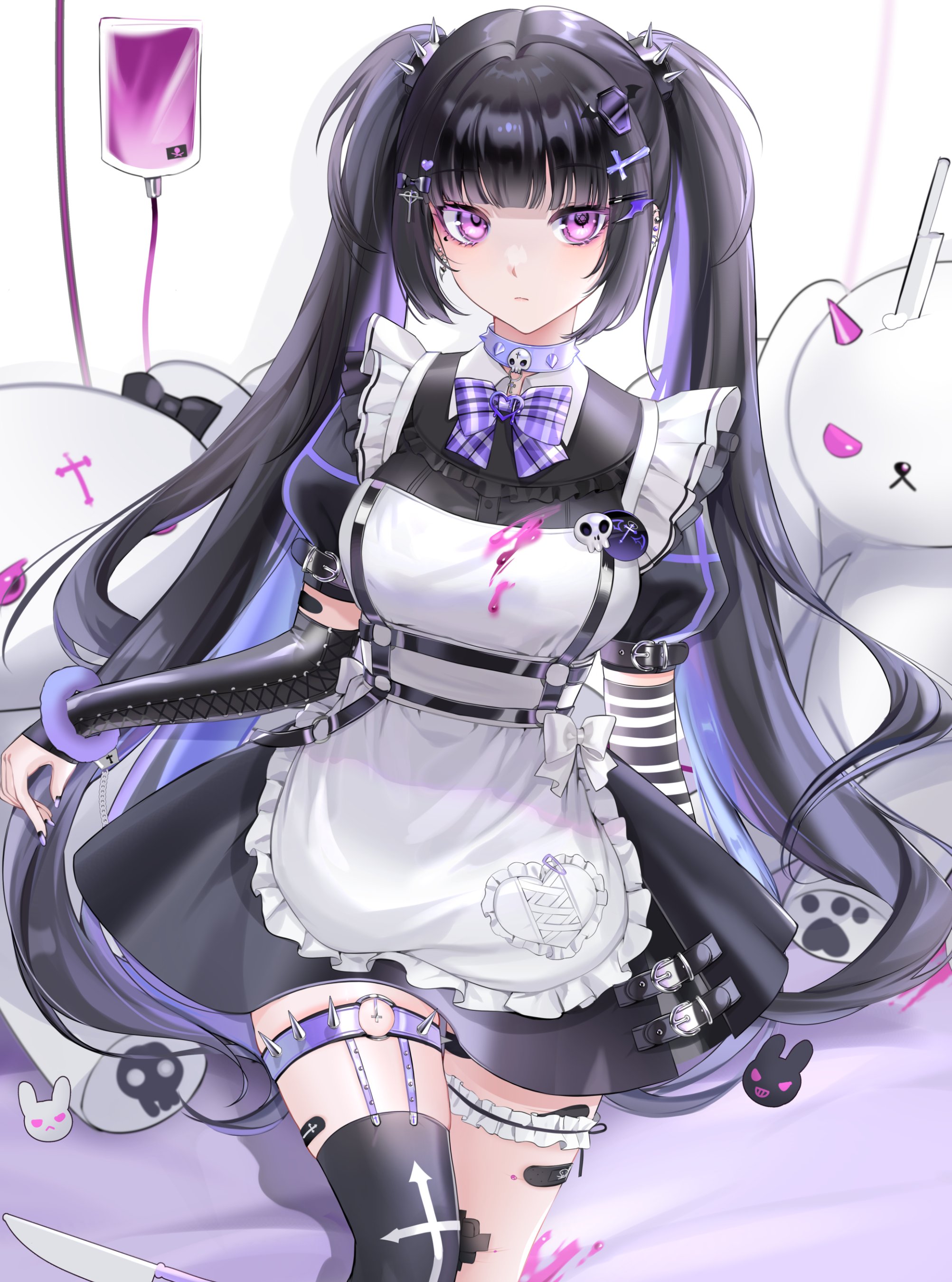 saga666, original, absurdres, highres, 1girl, apron, arm belt, belt, belt buckle, black belt, black dress, black hair, black thighhighs, blood, blood bag, blunt bangs, bow, breasts, buckle, choker, closed mouth, coffin hair ornament, cross hair ornament, detached sleeves, dress, frilled apron, frills, hair ornament, knife, long hair, looking at viewer, medium breasts, nail polish, plaid bow, puffy sleeves, purple bow, purple choker, purple eyes, purple nails, short sleeves, single thighhigh, skull choker, skull ornament, solo, spiked choker, spiked hair ornament, spikes, stuffed animal, stuffed toy, thigh strap, thighhighs, twintails, white apron, white background