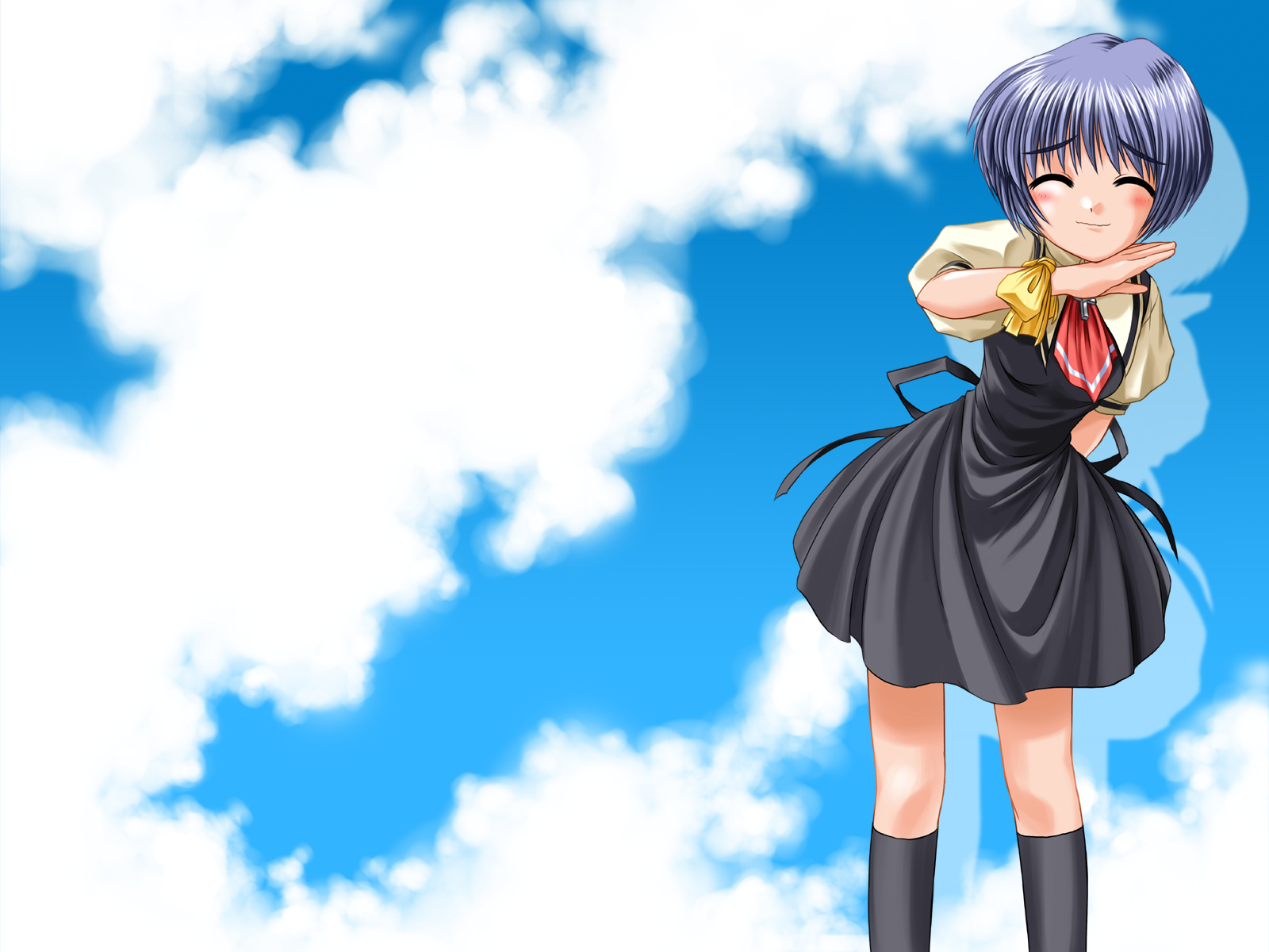 bosshi, kirishima kano, air (visual novel), highres, 00s, arm behind back, blue hair, school uniform, serafuku, solo