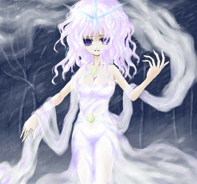 ugatsu matsuki, letty whiterock, touhou, 1girl, breasts, cleavage, female focus, purple eyes, purple hair, see-through clothes, snow, snowing, solo, wavy hair