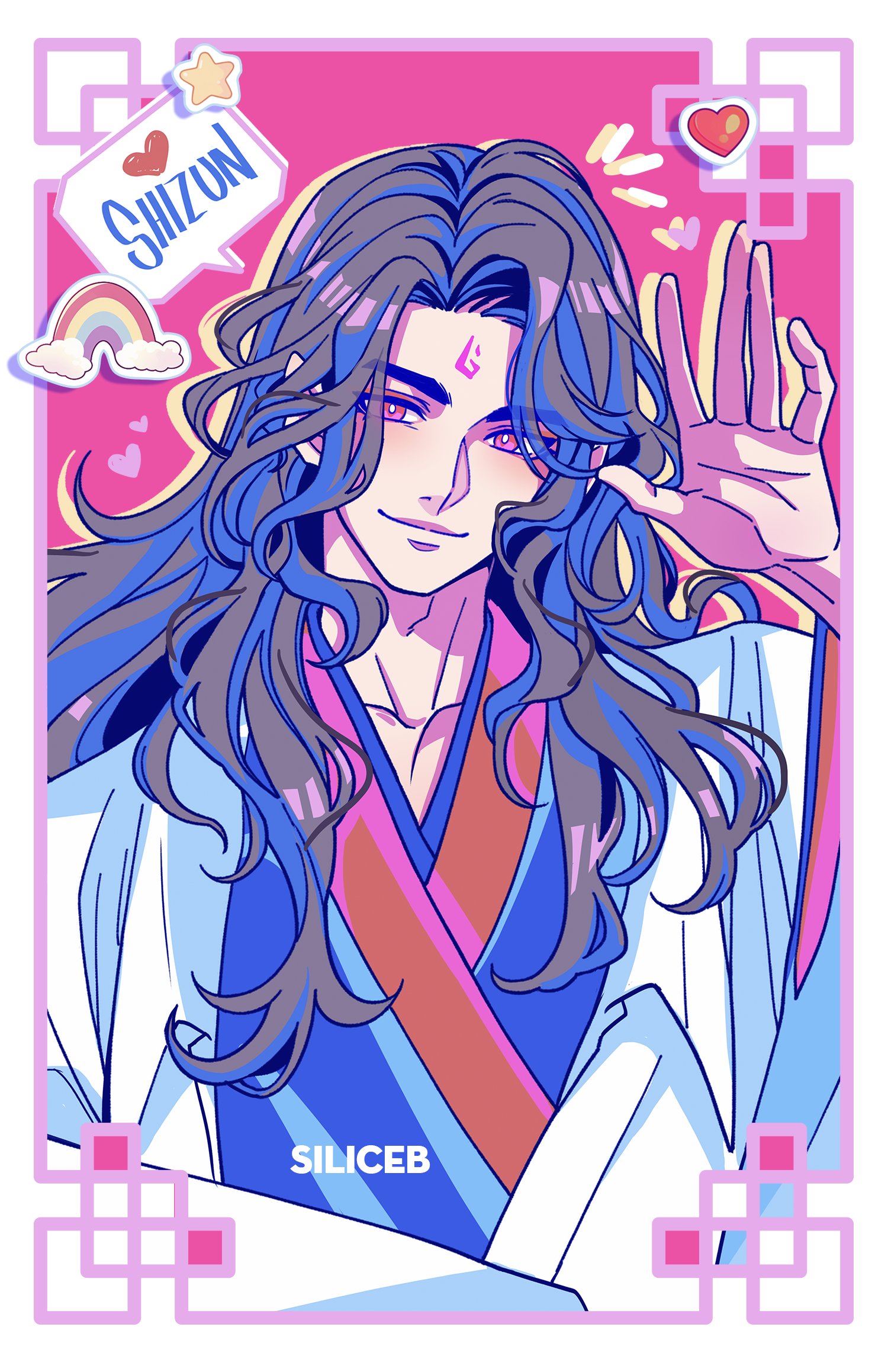 siliceb, luo binghe, zuiyin, renzha fanpai zijiu xitong, fluffy hair, highres, 1boy, artist name, black hair, black hanfu, border, chinese clothes, chinese knot border, closed mouth, cloud, collarbone peek, colored shadow, curly hair, curtained hair, drop shadow, facial mark, forehead mark, hand up, hanfu, head tilt, heart, light blush, long hair, long sleeves, looking at viewer, male focus, notice lines, parted bangs, parted hair, pink background, pink border, pink eyes, rainbow, robe, shadow, sidelocks, smile, solo, speech bubble, spoken heart, star (symbol), thick eyebrows, upper body, white robe, wide sleeves