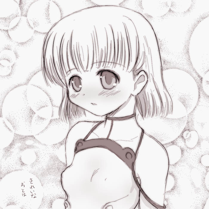 yuuichi (tareme paradise), sakurano otoha, sky girls, eyebrows, 00s, 1girl, bare shoulders, blush, collarbone, dress, female focus, monochrome, motionslit, short hair, sleeveless, sleeveless dress, solo, sundress, upper body