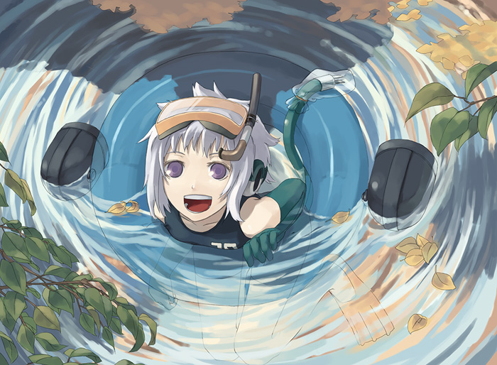 itsutsu, original, bodysuit, cable, diving mask, diving mask on head, diving suit, elbow gloves, flippers, from above, gloves, goggles, goggles on head, grey hair, innertube, itsutsuboshi, leaf, looking up, purple eyes, ripples, single glove, smile, snorkel, solo, submerged, swim ring, swimsuit, water, wetsuit