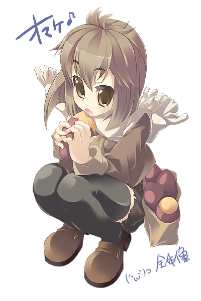 amanooni touri, 1girl, brown eyes, eating, female focus, grey hair, scarf, solo, thighhighs