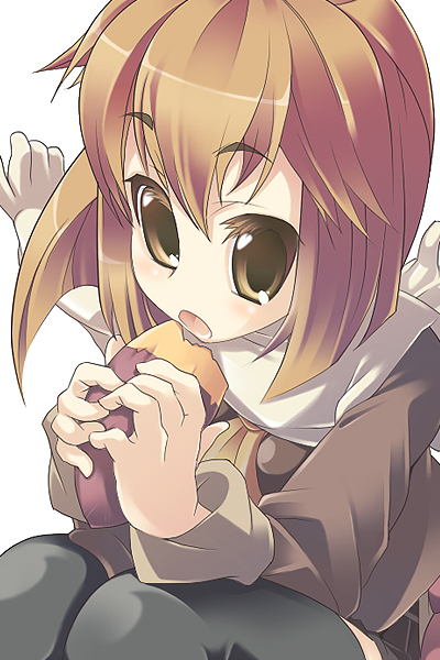 amanooni touri, 1girl, brown eyes, eating, female focus, grey hair, scarf, solo, thighhighs