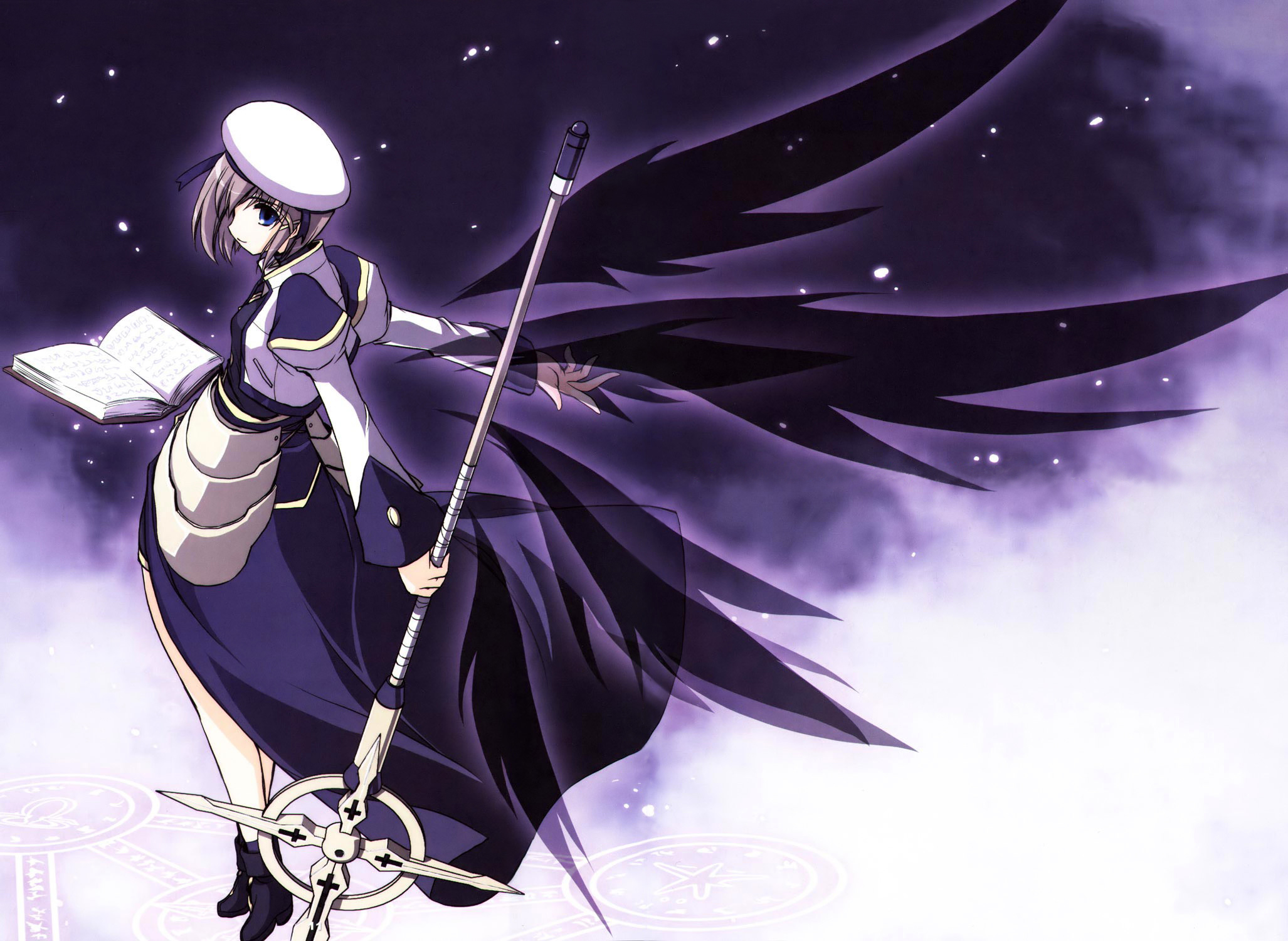 schwertkreuz, tome of the night sky, yagami hayate, lyrical nanoha, mahou shoujo lyrical nanoha, mahou shoujo lyrical nanoha strikers, highres, 00s, 1girl, blue eyes, book, brown hair, female focus, hair ornament, hat, short hair, solo, staff, wings, x hair ornament