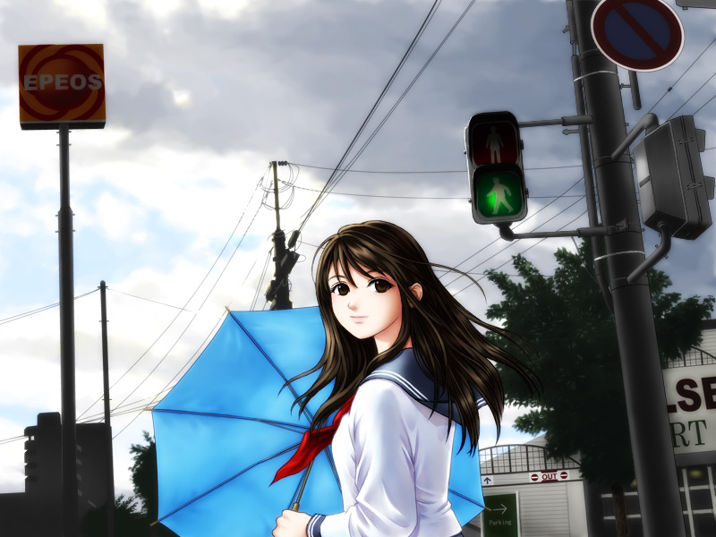 hamura mayu, bad id, bad pixiv id, black hair, brown eyes, brown hair, lipstick, long hair, makeup, school uniform, serafuku, solo, umbrella